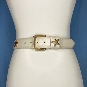 Vintage Avignon White Leather Star Studded Belt Gold Buckle Celestial Small